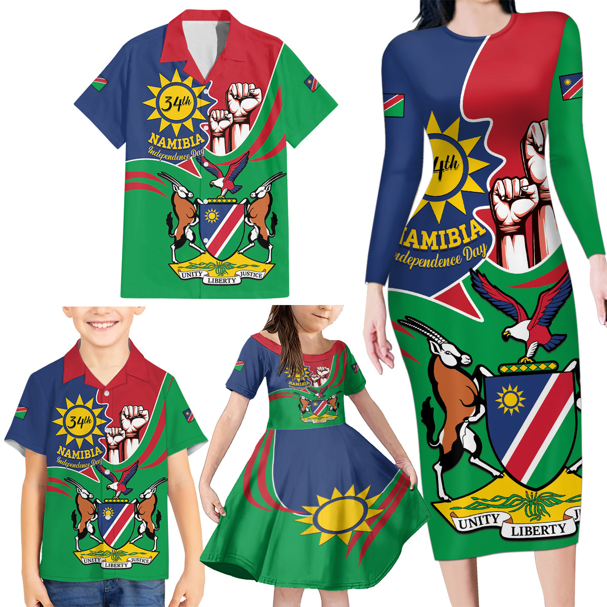 Namibia Independence Day Family Matching Long Sleeve Bodycon Dress and Hawaiian Shirt Coat Of Arms Curve Style - Wonder Print Shop