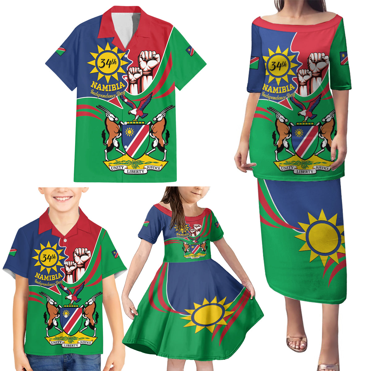 Namibia Independence Day Family Matching Puletasi and Hawaiian Shirt Coat Of Arms Curve Style - Wonder Print Shop