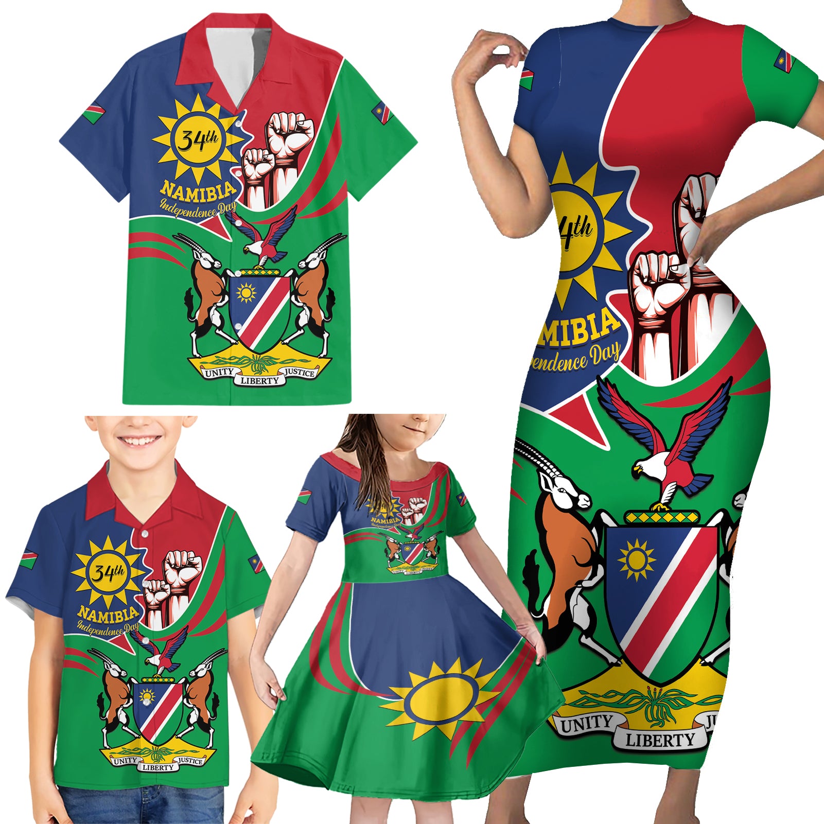 Namibia Independence Day Family Matching Short Sleeve Bodycon Dress and Hawaiian Shirt Coat Of Arms Curve Style - Wonder Print Shop