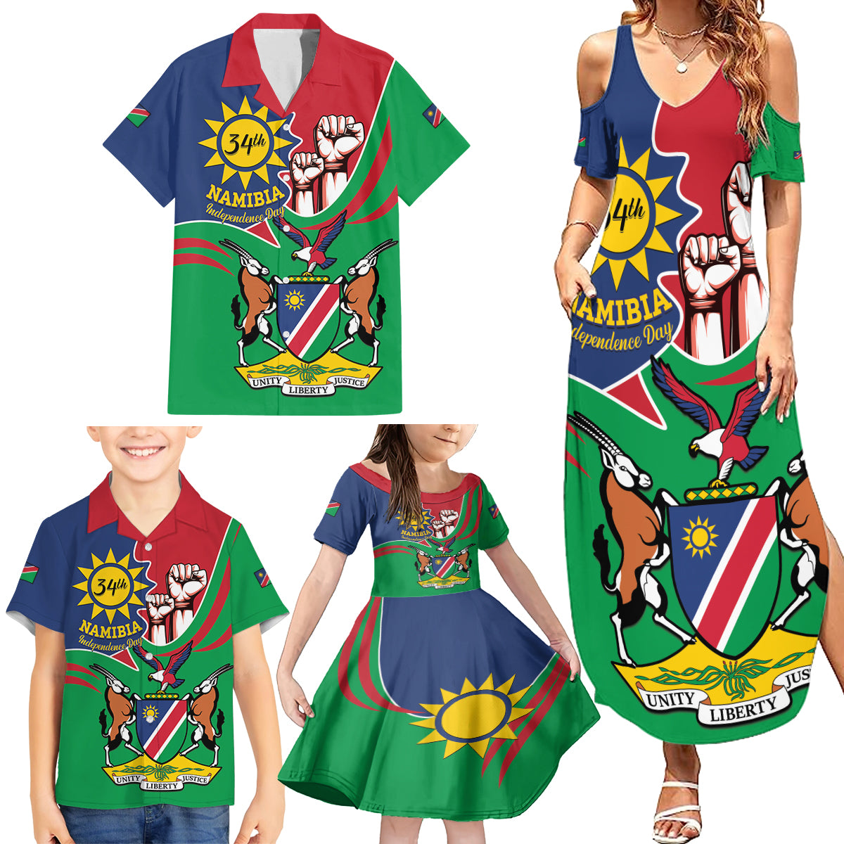 Namibia Independence Day Family Matching Summer Maxi Dress and Hawaiian Shirt Coat Of Arms Curve Style - Wonder Print Shop