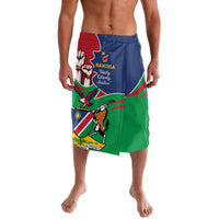 Namibia-themed lavalava skirt with blue, green, and center coat-of-arms graphic