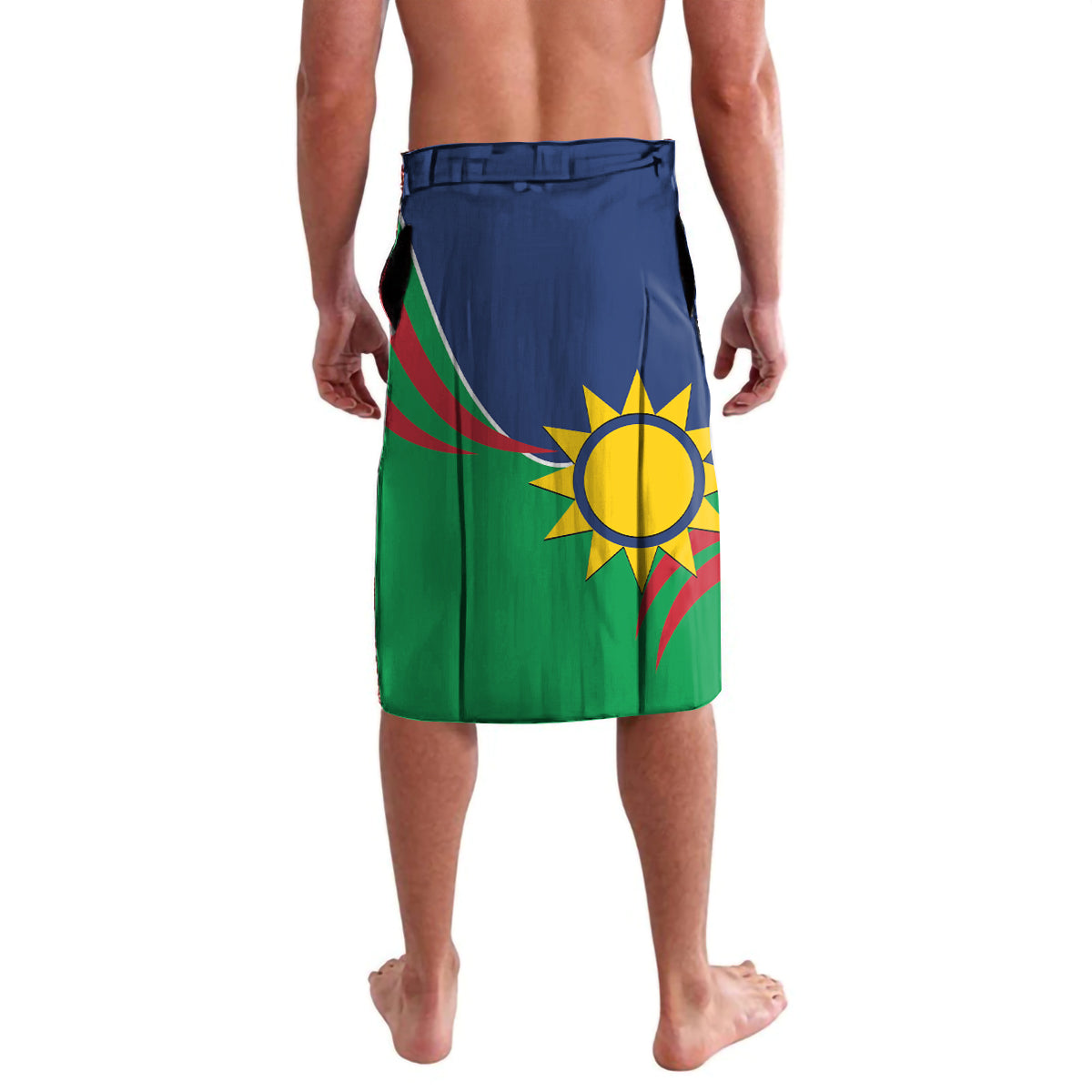 Namibia-themed lavalava skirt in blue and green with large yellow sun graphic