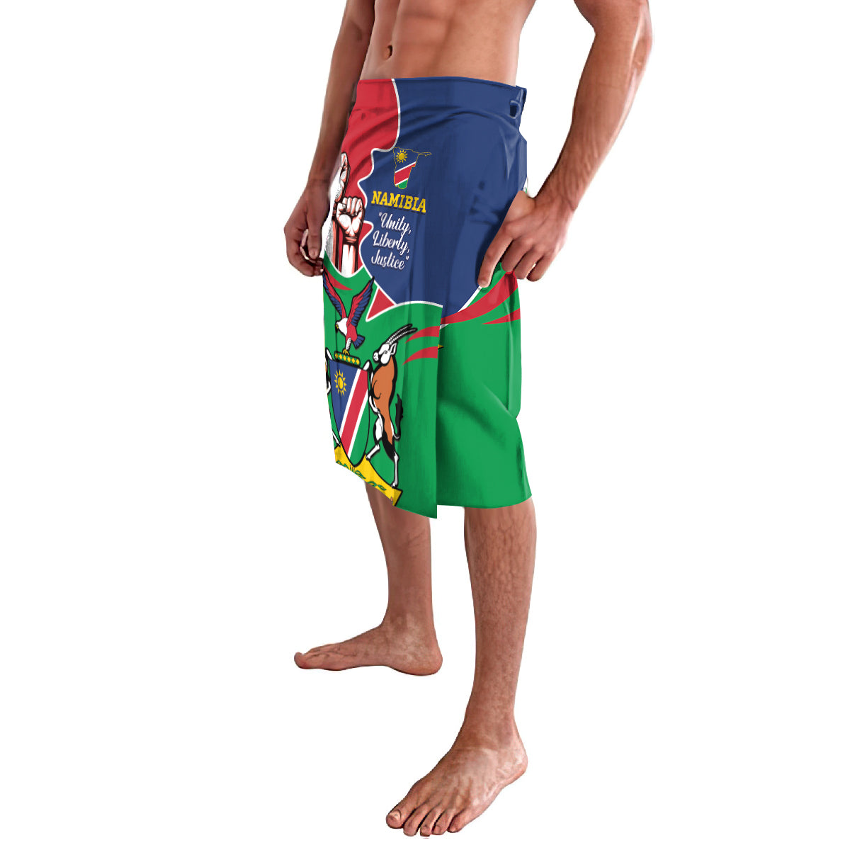 Namibia-themed lavalava skirt with coat-of-arms print and blue-green side panels