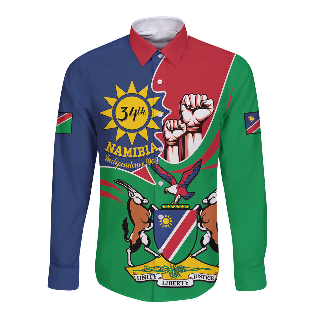 Long-sleeve button shirt with Namibia Independence coat-of-arms graphic, red collar
