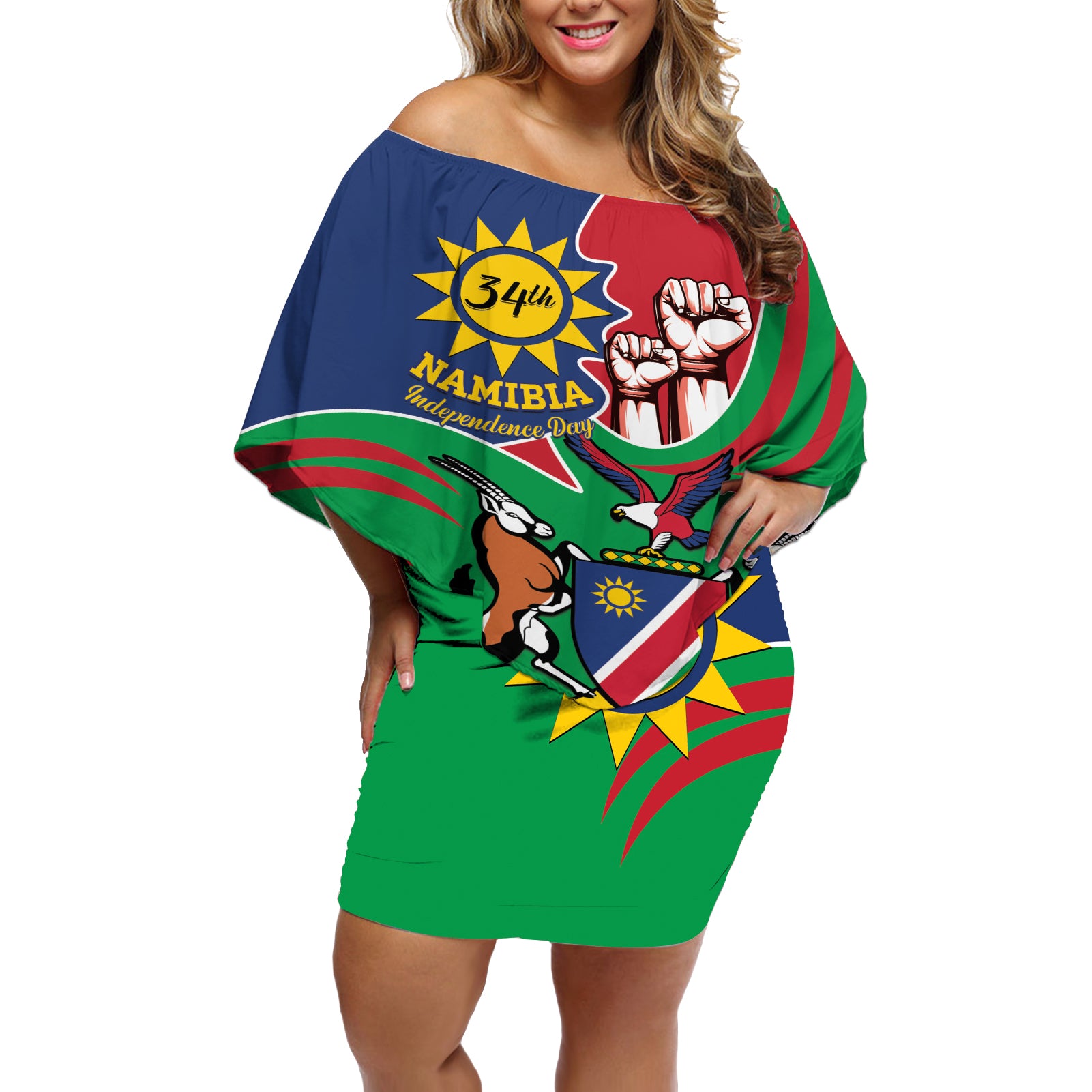 Namibia Independence Day Off Shoulder Short Dress Coat Of Arms Curve Style - Wonder Print Shop