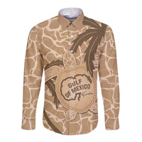 Unisex long sleeve button shirt in brown camo with Gulf of Mexico turtle graphic
