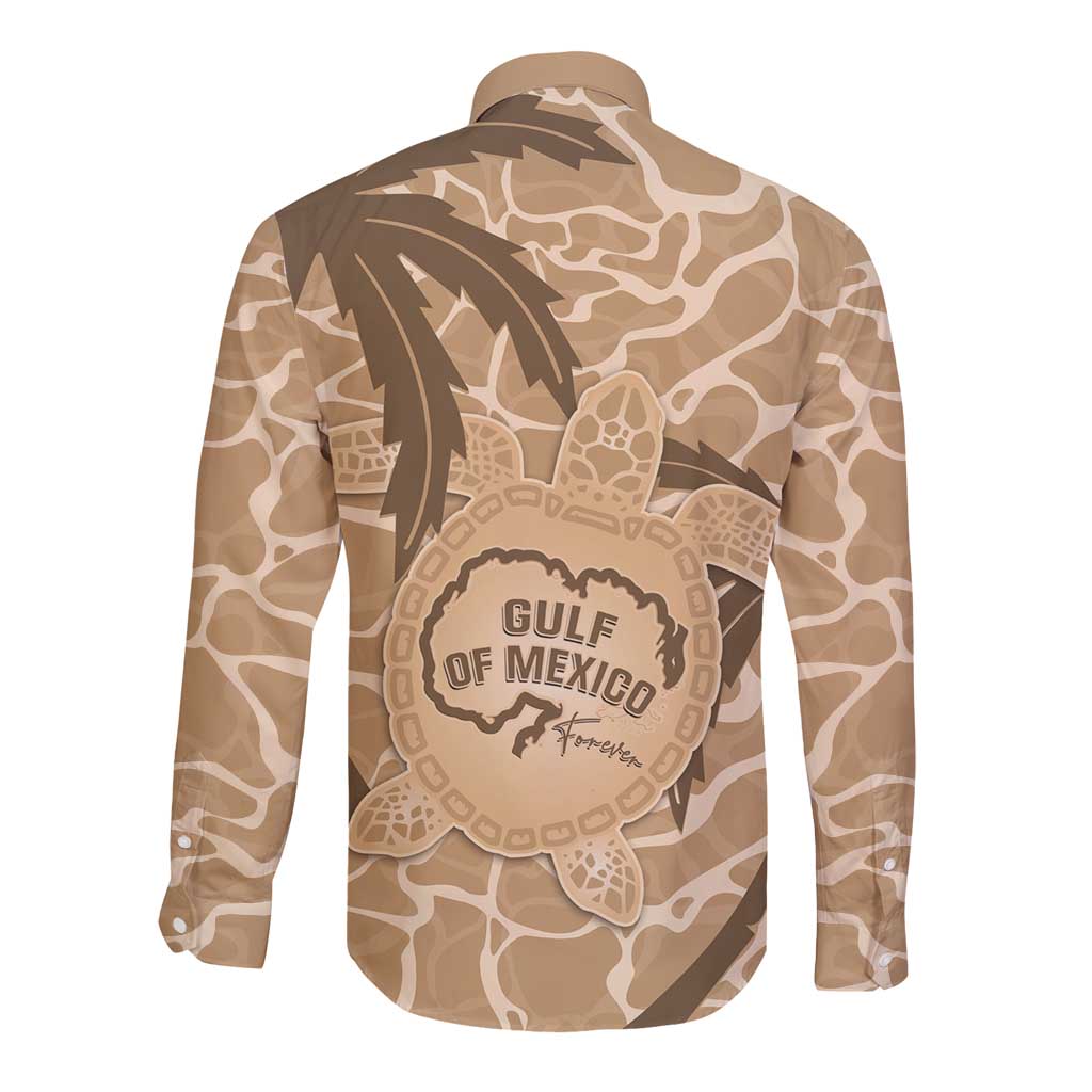 Unisex long sleeve button shirt in brown camo with turtle Gulf of Mexico graphic, back