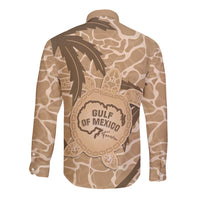 Unisex long sleeve button shirt in brown camo with turtle Gulf of Mexico graphic, back