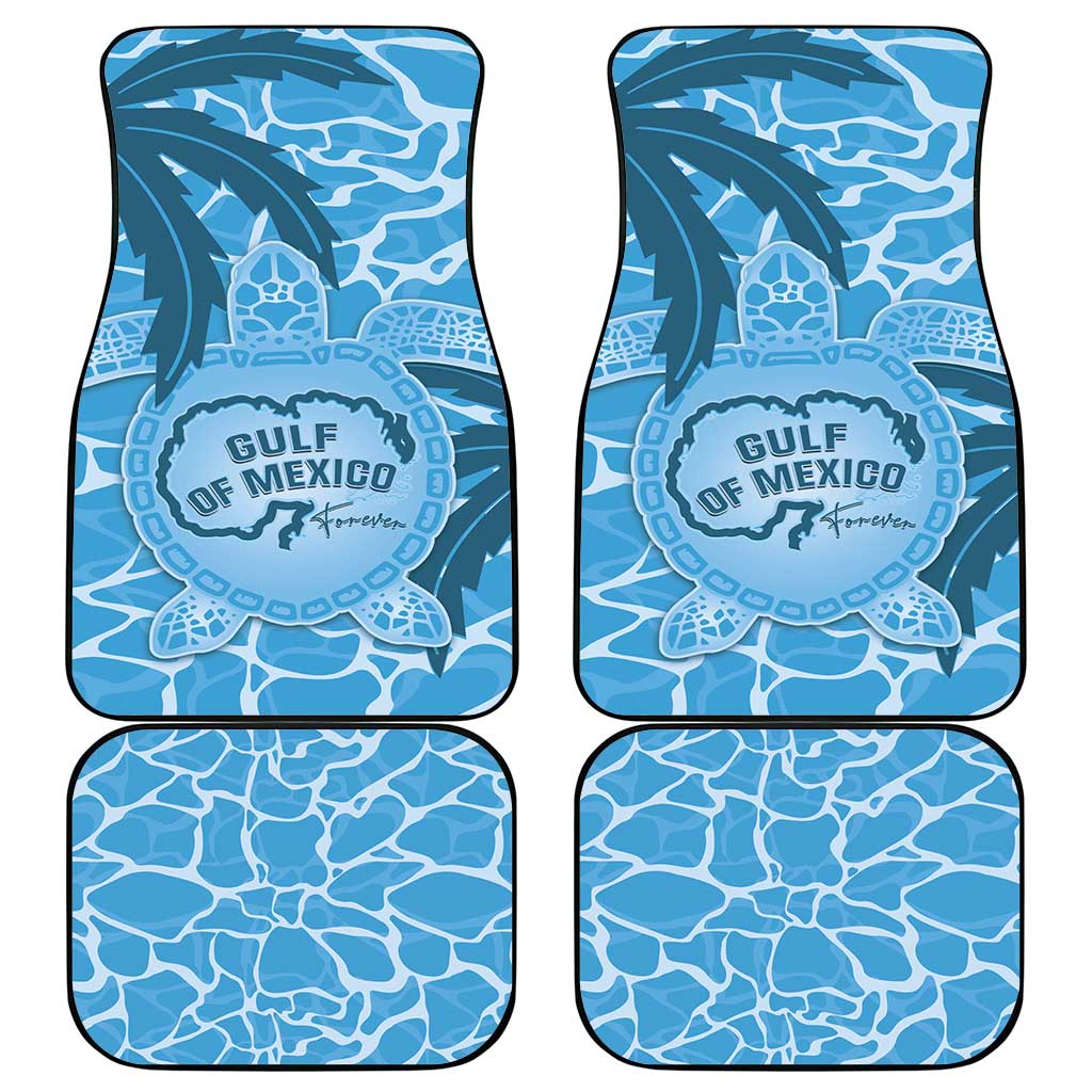 Set of blue car mats with Gulf of Mexico turtle logo on ocean wave design