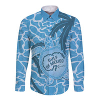Blue long-sleeve button shirt with turtle graphic and Gulf of Mexico logo