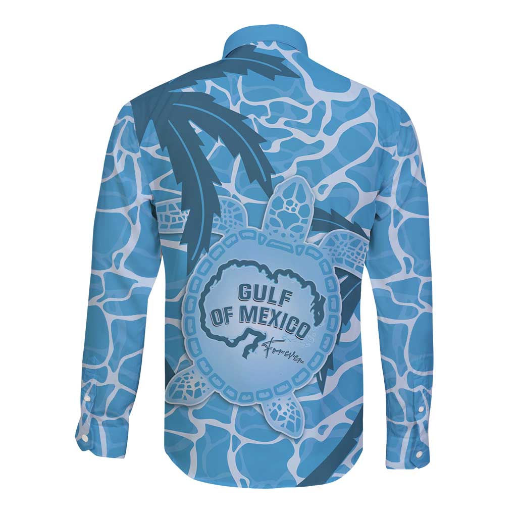Blue long-sleeve button shirt, back view, turtle and Gulf of Mexico circular logo