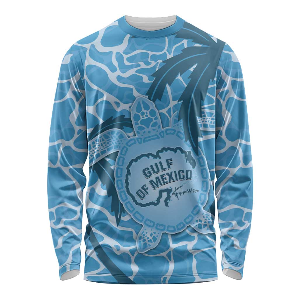 Unisex long sleeve shirt in blue with Gulf of Mexico turtle graphic on front