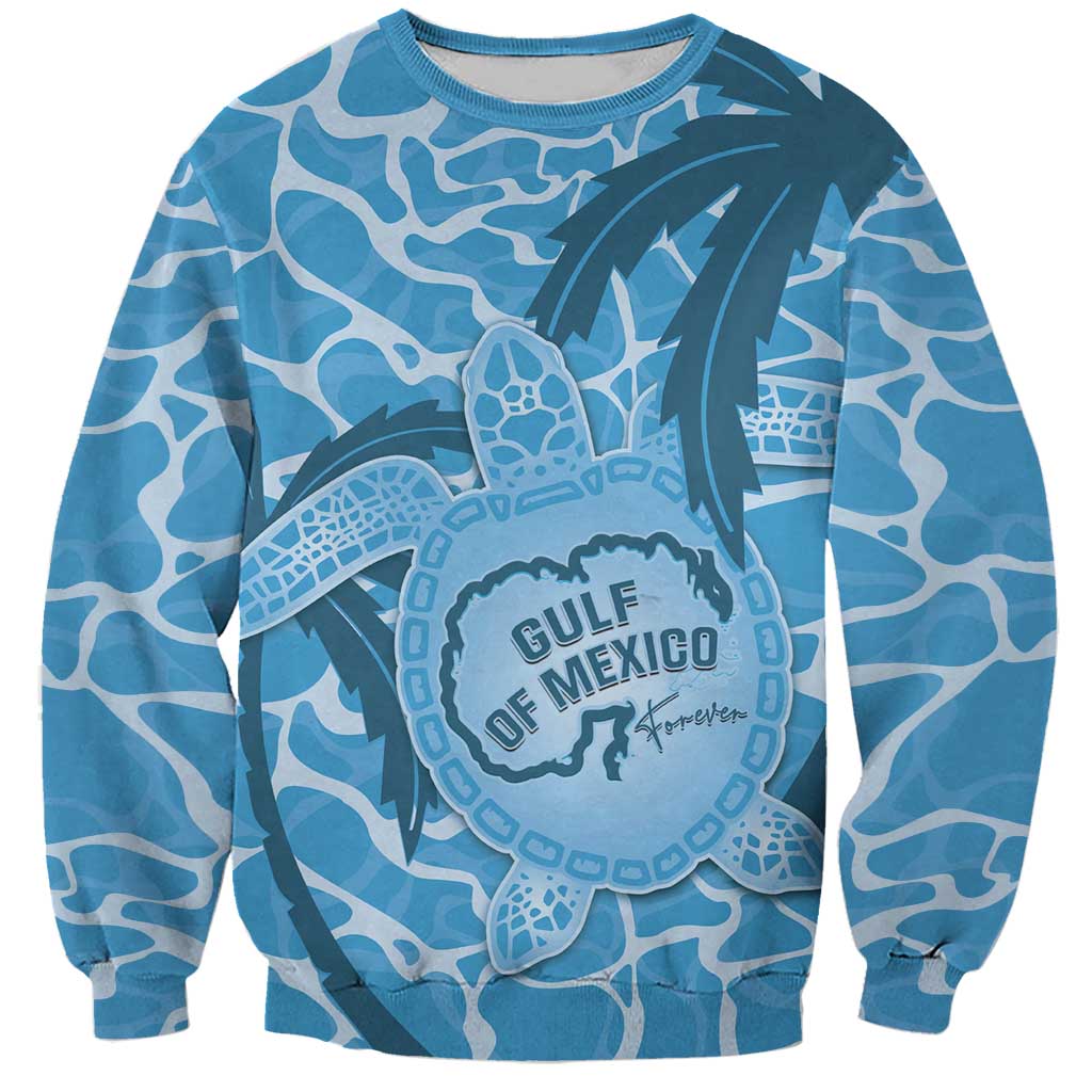 Blue crewneck sweatshirt with ocean turtle graphic and full-color map print