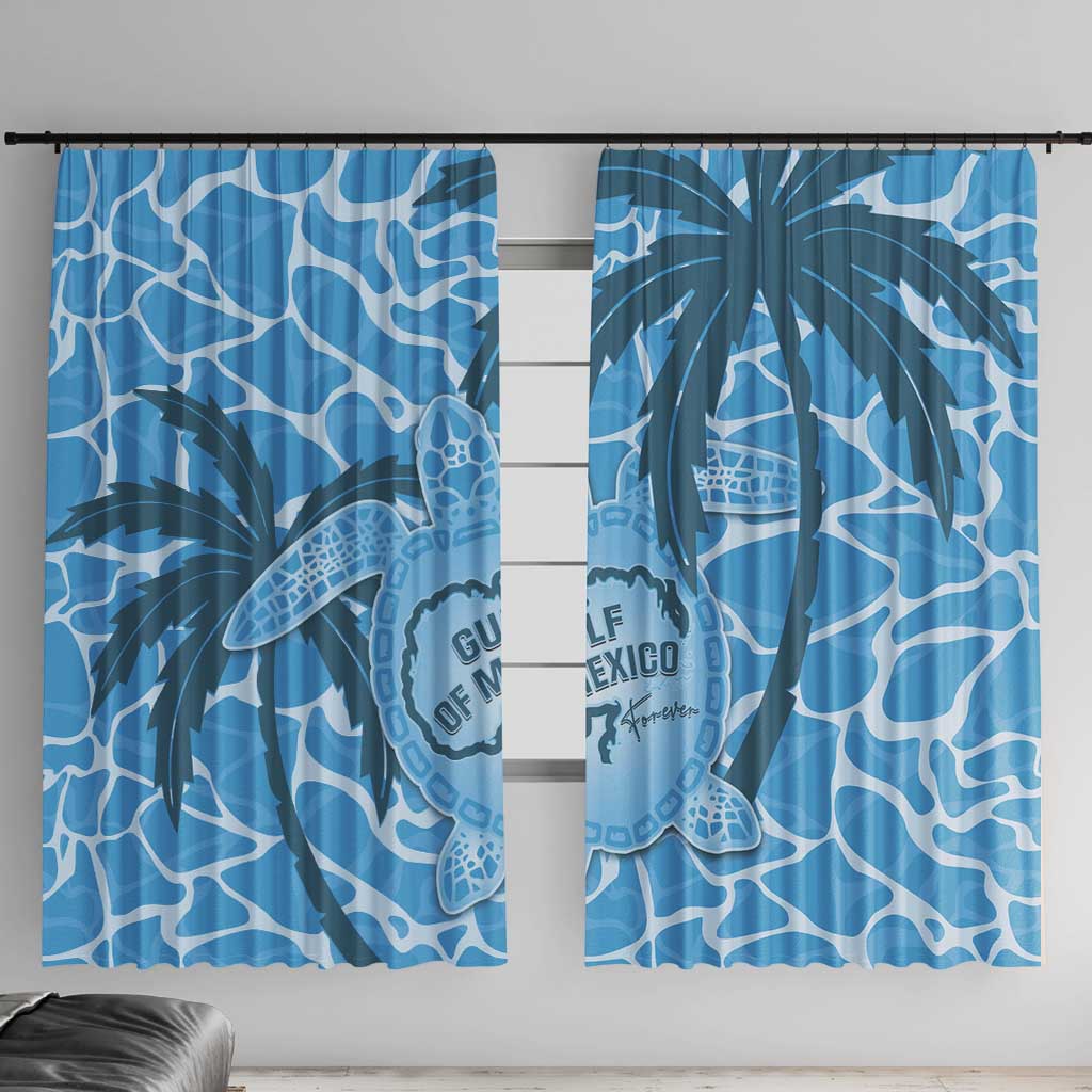 Blue printed window curtain panels with sea turtle and coral pattern, pair on rod.
