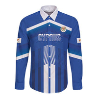 Blue long-sleeve button shirt with white collar and Cyprus graphic on front