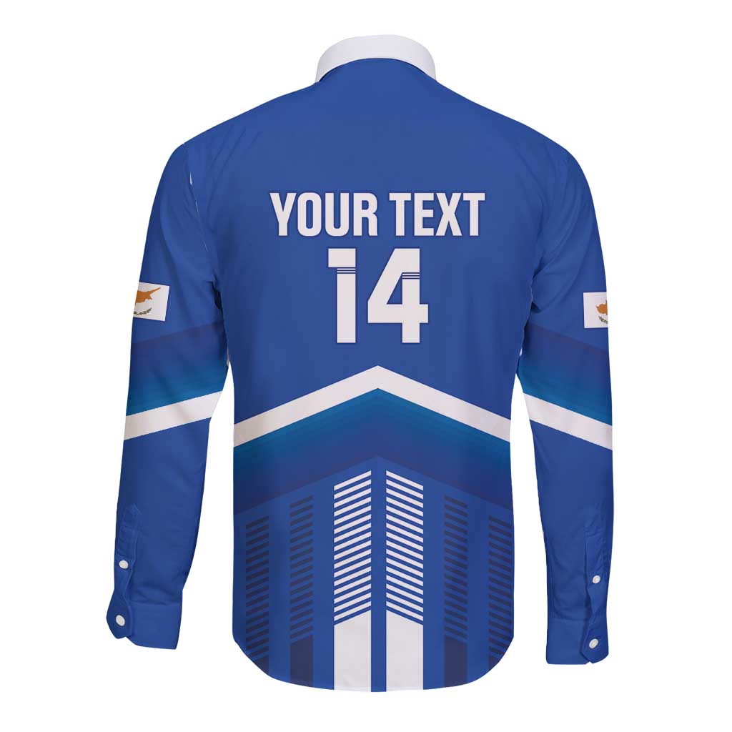 Blue long-sleeve button shirt with 'YOUR TEXT' and number 14 on back