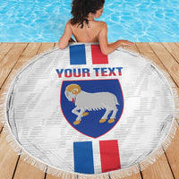 Round beach blanket with centered Faroe crest, flag bars, and bold "YOUR TEXT"