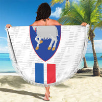Round beach blanket with Faroe shield crest, flag bars, and wide fringe border