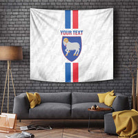 White football tapestry with Faroe Islands crest, blue/red stripes, and 'YOUR TEXT'.