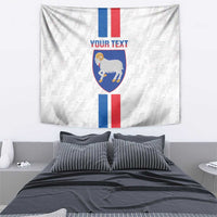 White football tapestry with Faroe Islands emblem, blue/red flag stripes, and 'YOUR TEXT'.