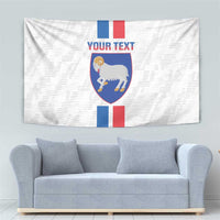 White football tapestry with Faroe Islands crest, 'YOUR TEXT', and blue/red stripes.
