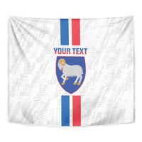 White football tapestry close-up with Faroe Islands crest, 'YOUR TEXT', and blue/red stripes.