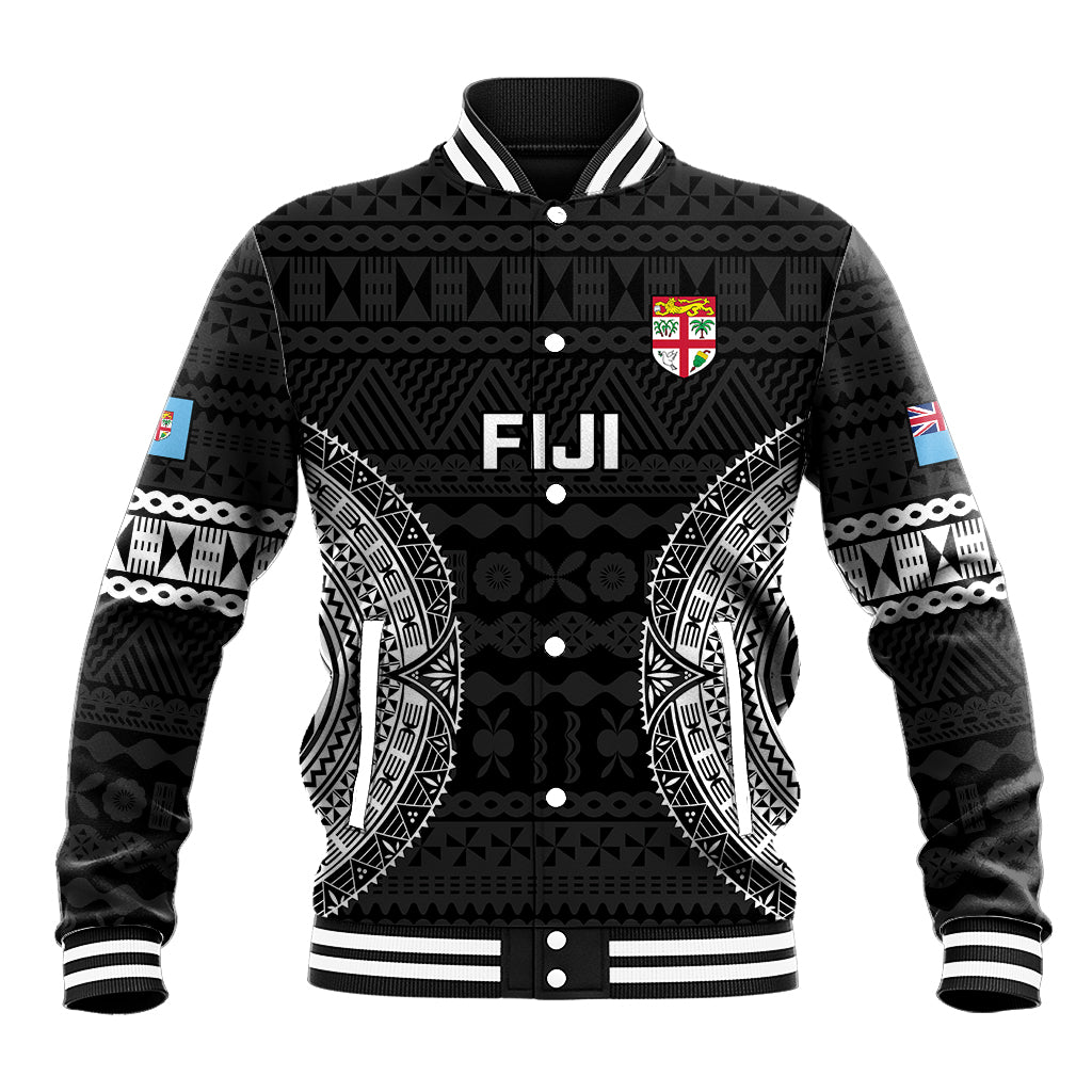 Black rugby baseball jacket with tapa pattern, white ribbed collar and FIJI front graphic