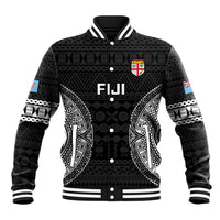 Black rugby baseball jacket with tapa pattern, white ribbed collar and FIJI front graphic