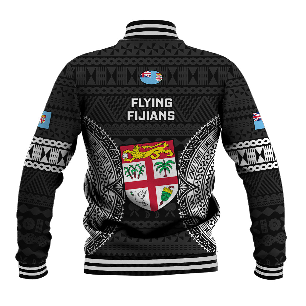 Black rugby baseball jacket with tapa pattern, white ribbed trim and Flying Fijians back graphic