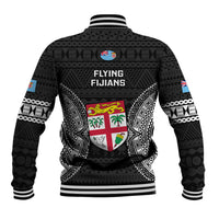 Black rugby baseball jacket with tapa pattern, white ribbed trim and Flying Fijians back graphic