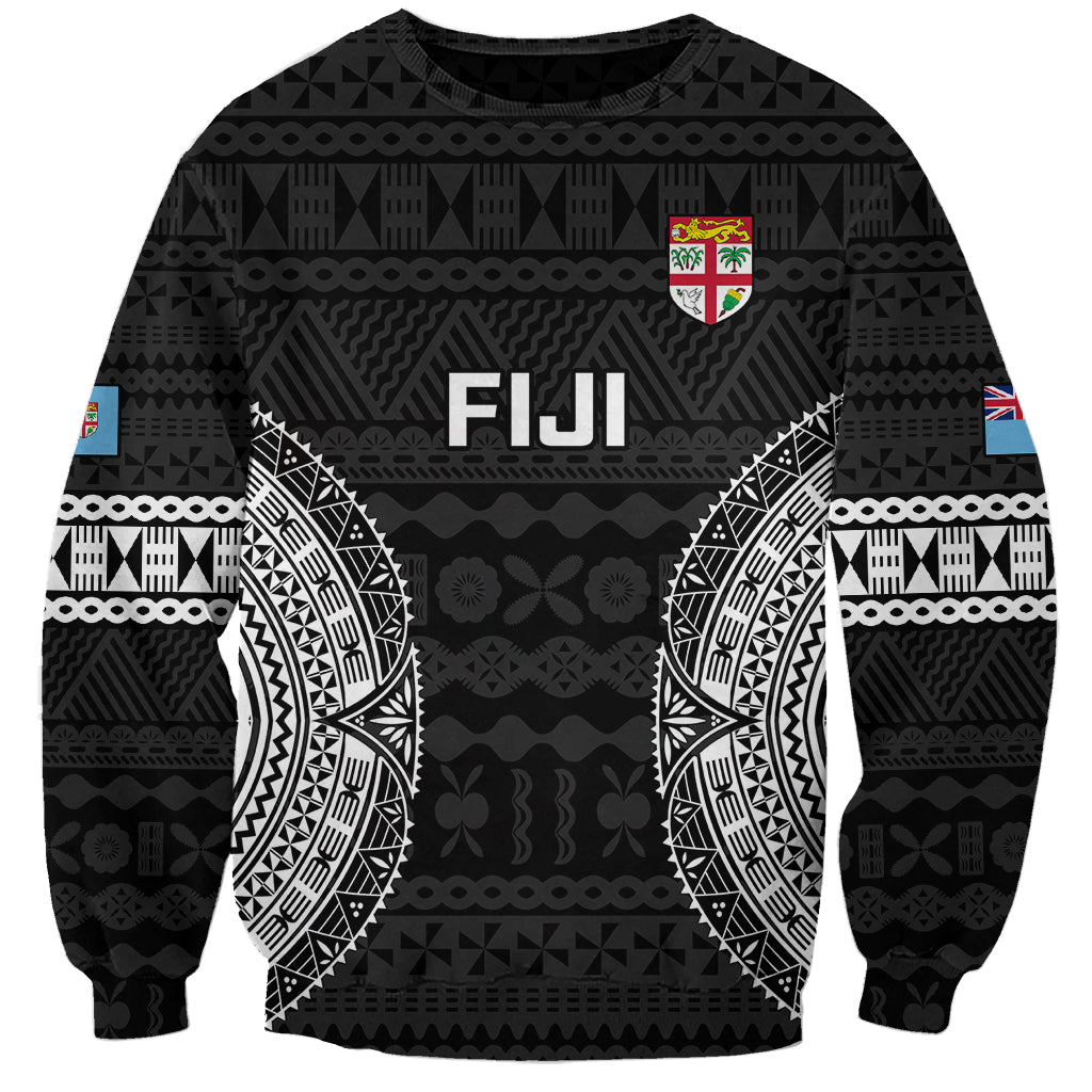 Black rugby sweatshirt with Fiji crest and bold tapa-style panel graphic on front