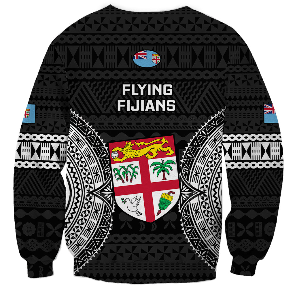 Black rugby sweatshirt with Flying Fijians text and large Fiji shield on back