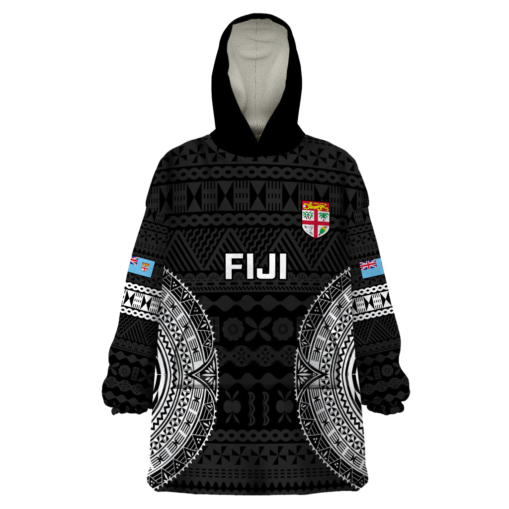 Fiji Rugby Wearable Blanket Hoodie 2023 Fijian Tapa Pattern World Cup Black - Wonder Print Shop