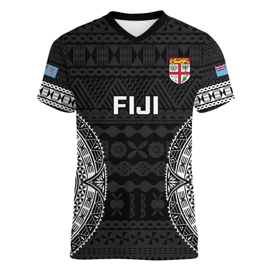 Fiji Rugby Women V Neck T Shirt 2023 Fijian Tapa Pattern World Cup Black - Wonder Print Shop