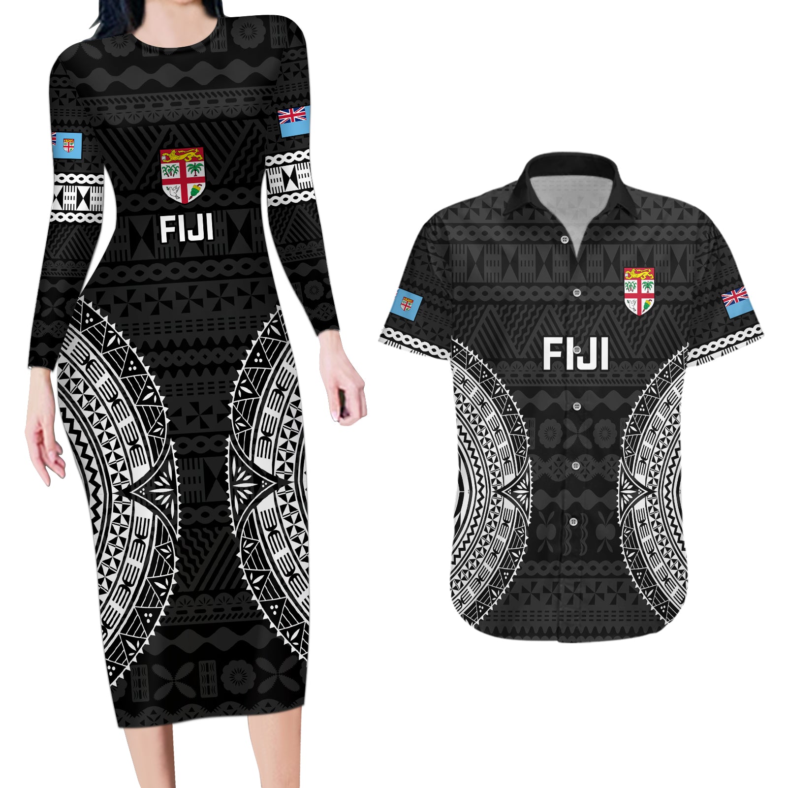 Custom Fiji Rugby Couples Matching Long Sleeve Bodycon Dress and Hawaiian Shirt 2023 Fijian Tapa Pattern World Cup Black - Wonder Print Shop