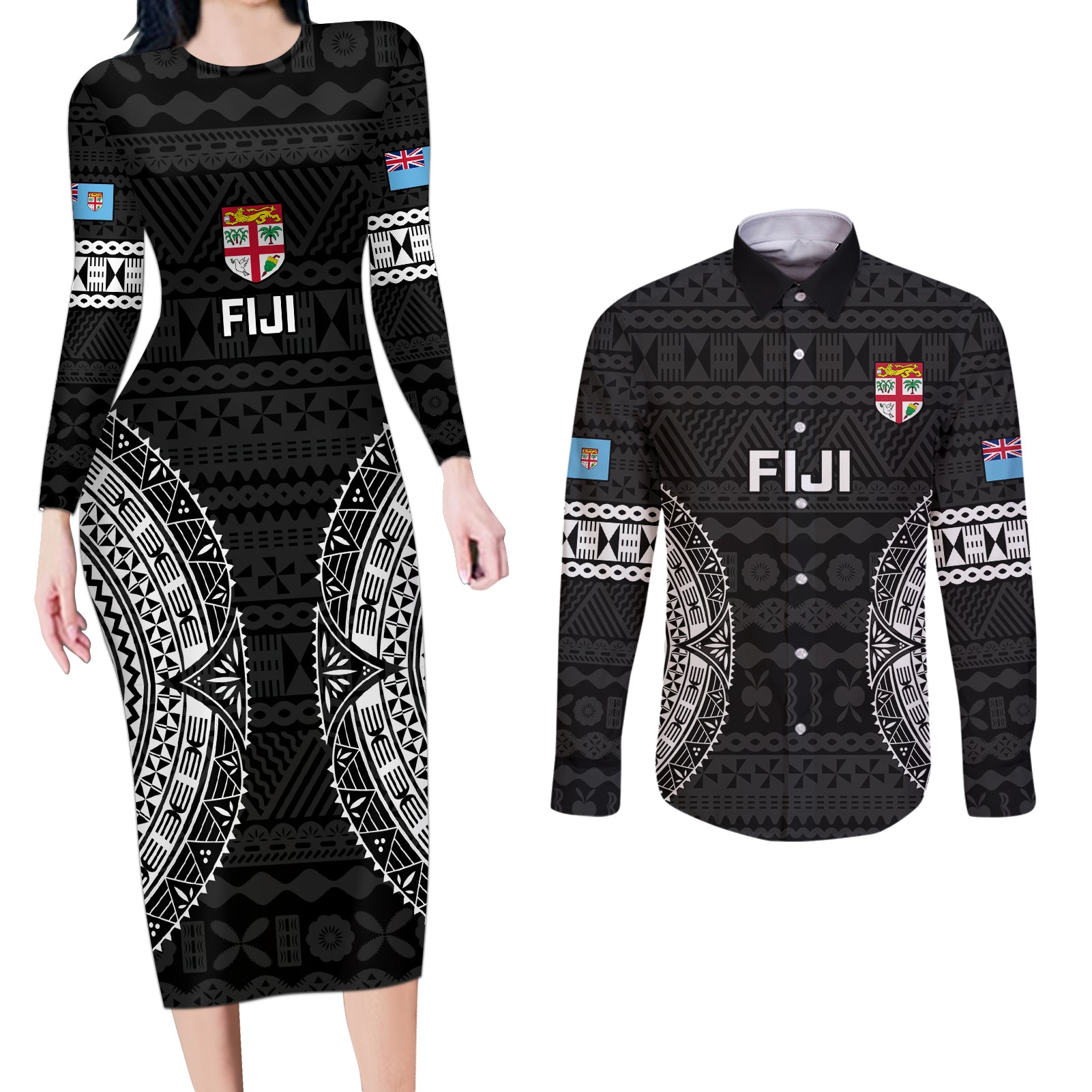 Custom Fiji Rugby Couples Matching Long Sleeve Bodycon Dress and Long Sleeve Button Shirts 2023 Fijian Tapa Pattern World Cup Black - Wonder Print Shop