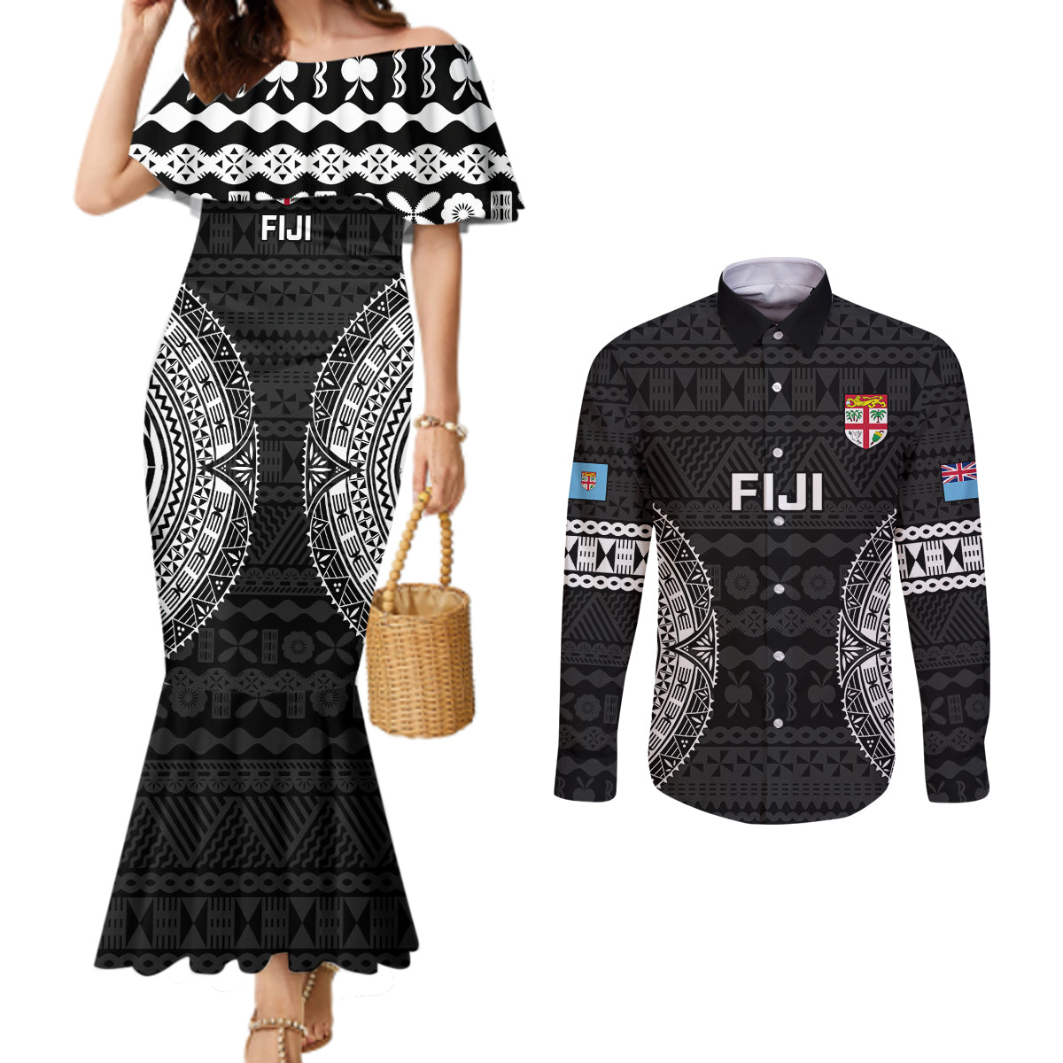 custom-fiji-rugby-couples-matching-mermaid-dress-and-long-sleeve-button-shirts-2023-fijian-tapa-pattern-world-cup-black