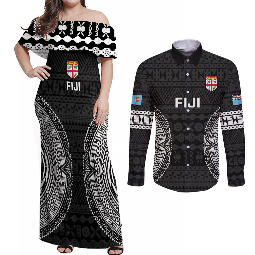 Custom Fiji Rugby Couples Matching Off Shoulder Maxi Dress and Long Sleeve Button Shirts 2023 Fijian Tapa Pattern World Cup Black - Wonder Print Shop