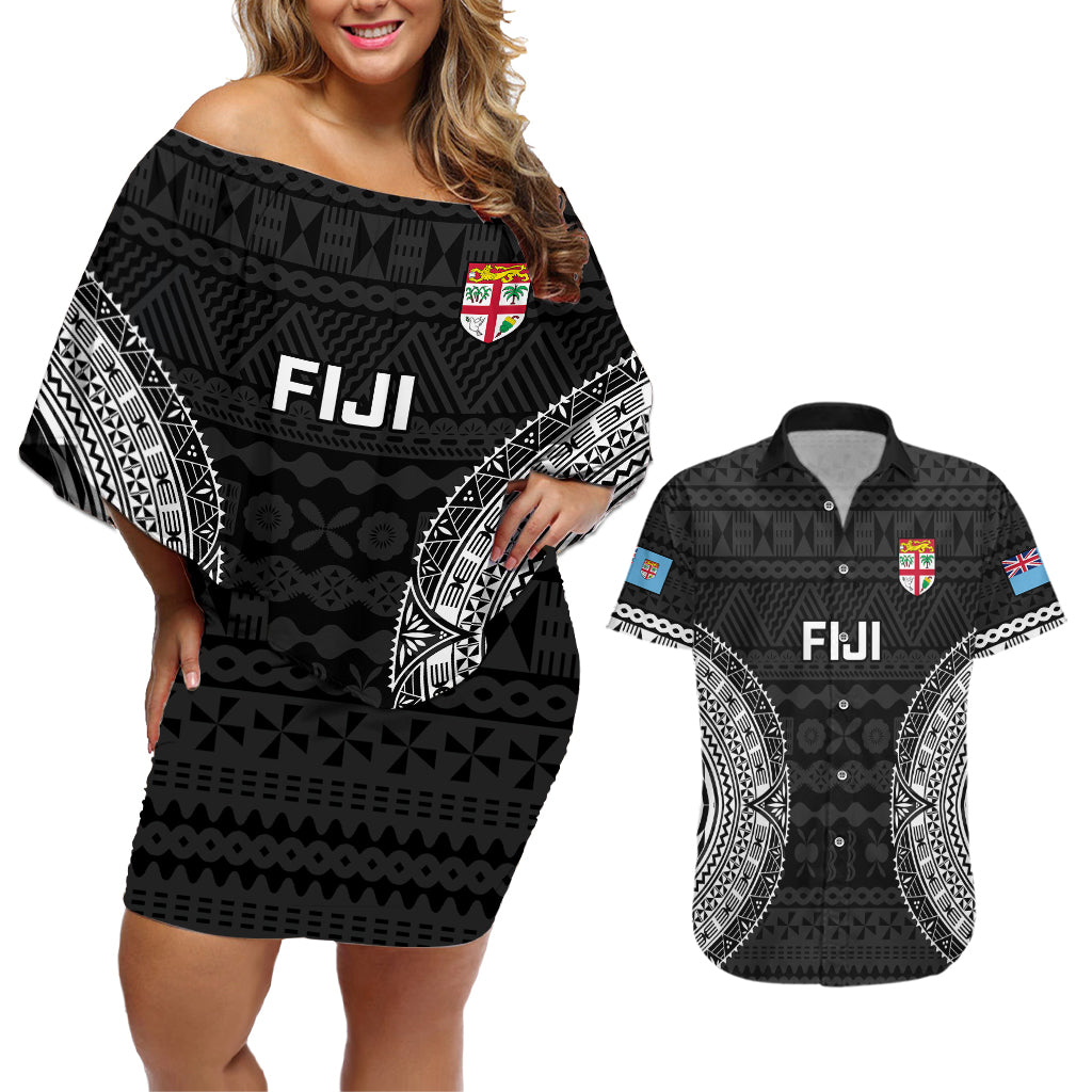 Custom Fiji Rugby Couples Matching Off Shoulder Short Dress and Hawaiian Shirt 2023 Fijian Tapa Pattern World Cup Black - Wonder Print Shop