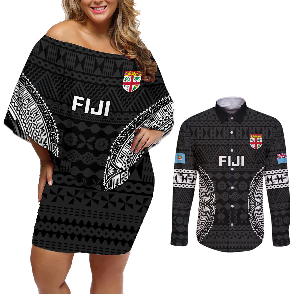 Custom Fiji Rugby Couples Matching Off Shoulder Short Dress and Long Sleeve Button Shirts 2023 Fijian Tapa Pattern World Cup Black - Wonder Print Shop