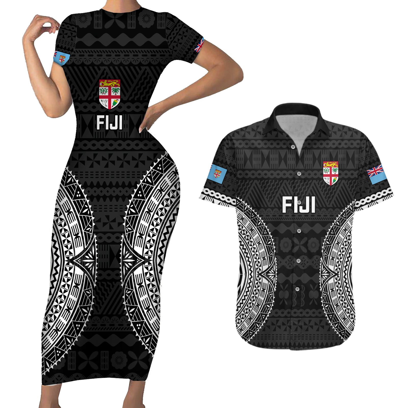 Custom Fiji Rugby Couples Matching Short Sleeve Bodycon Dress and Hawaiian Shirt 2023 Fijian Tapa Pattern World Cup Black - Wonder Print Shop