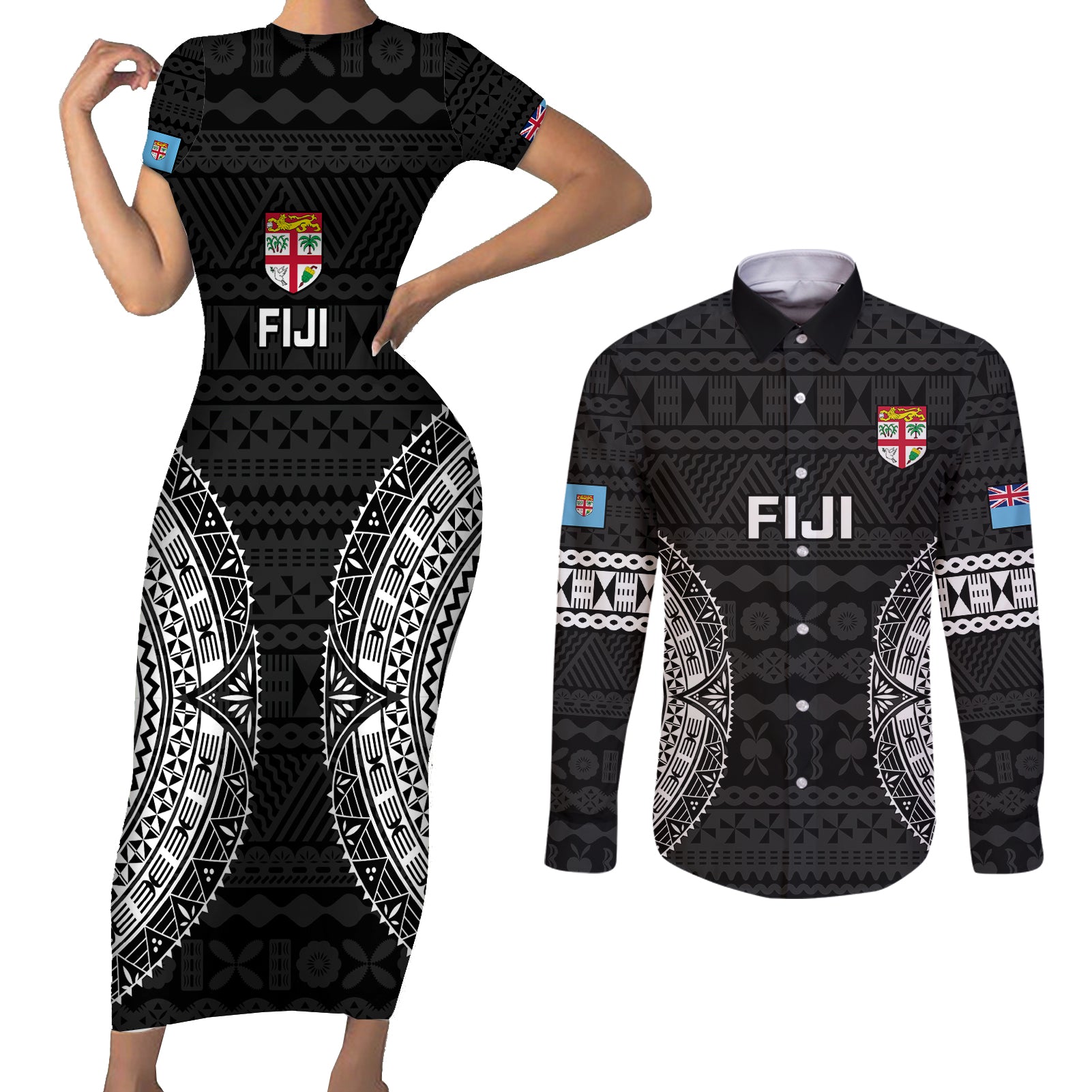 Custom Fiji Rugby Couples Matching Short Sleeve Bodycon Dress and Long Sleeve Button Shirts 2023 Fijian Tapa Pattern World Cup Black - Wonder Print Shop