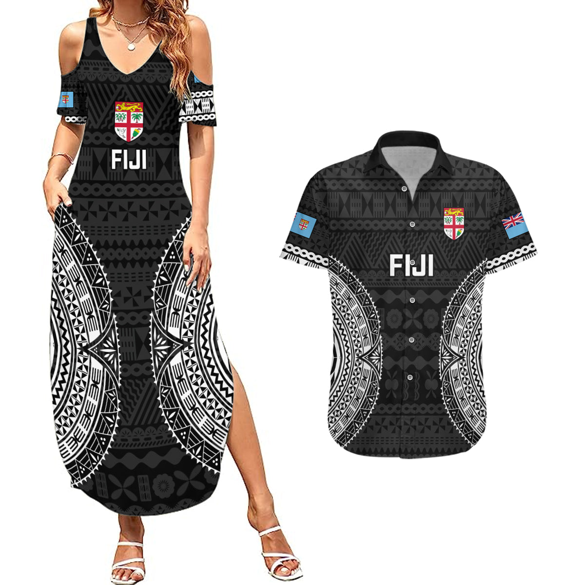 Custom Fiji Rugby Couples Matching Summer Maxi Dress and Hawaiian Shirt 2023 Fijian Tapa Pattern World Cup Black - Wonder Print Shop