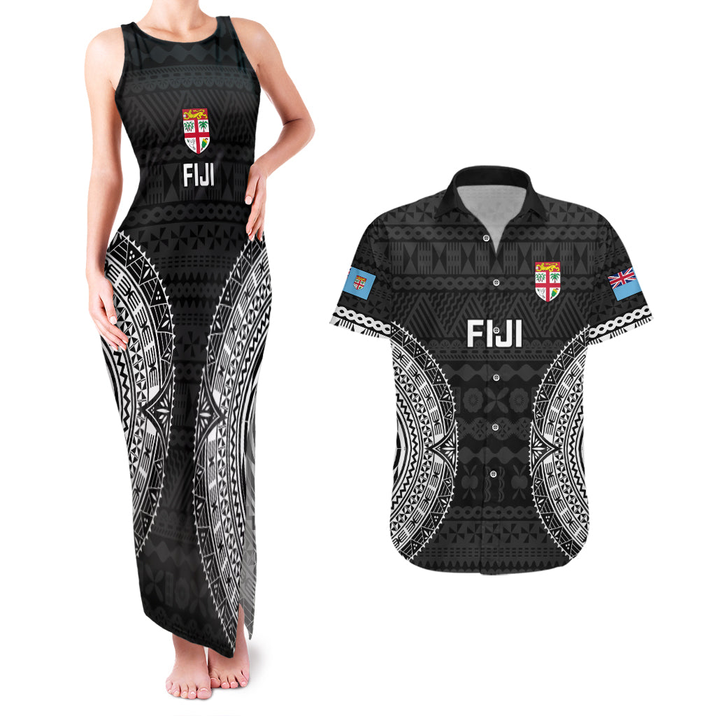 Custom Fiji Rugby Couples Matching Tank Maxi Dress and Hawaiian Shirt 2023 Fijian Tapa Pattern World Cup Black - Wonder Print Shop