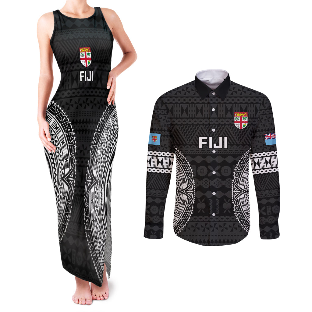 Custom Fiji Rugby Couples Matching Tank Maxi Dress and Long Sleeve Button Shirts 2023 Fijian Tapa Pattern World Cup Black - Wonder Print Shop