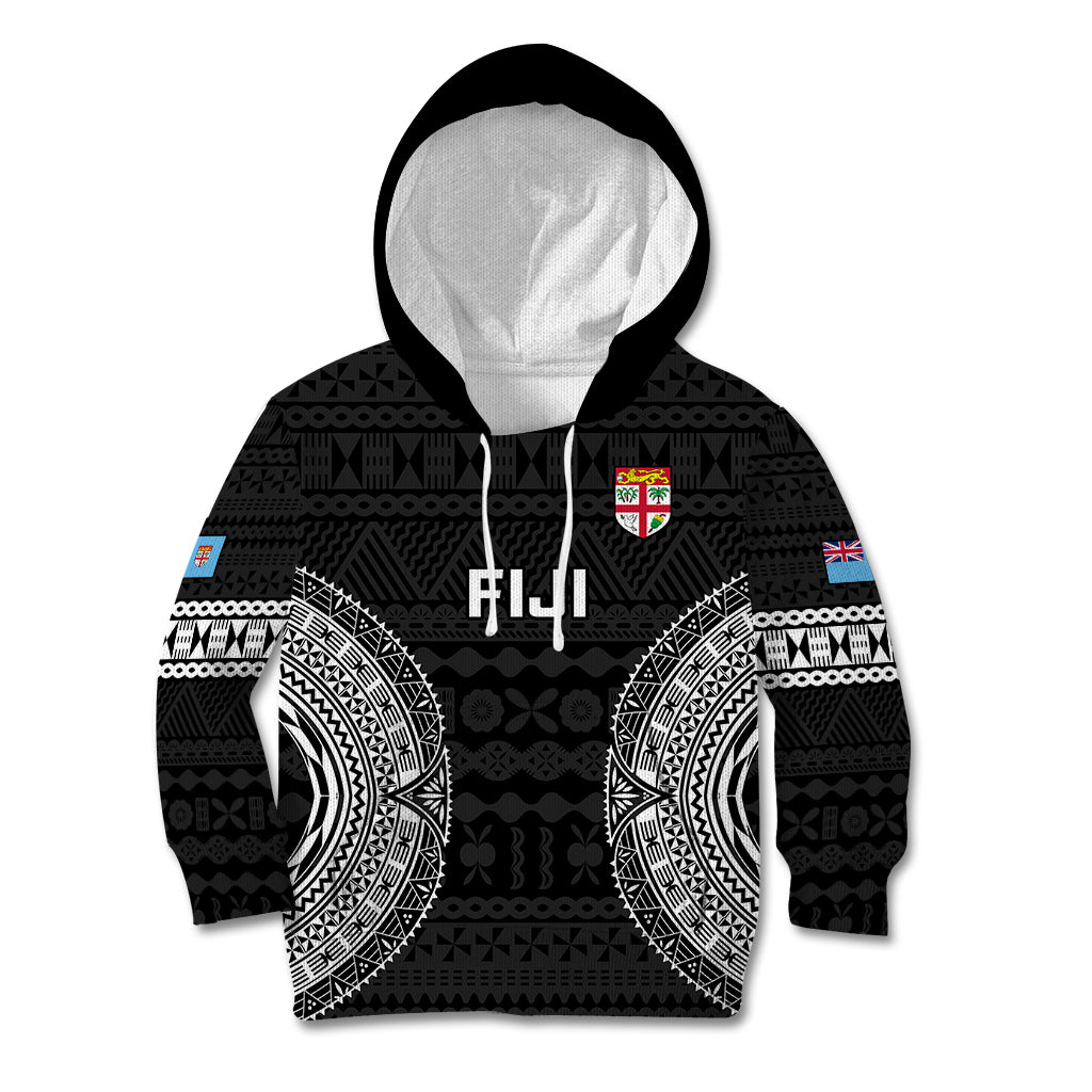 Custom Fiji Rugby Kid Hoodie 2023 Fijian Tapa Pattern World Cup Black - Wonder Print Shop