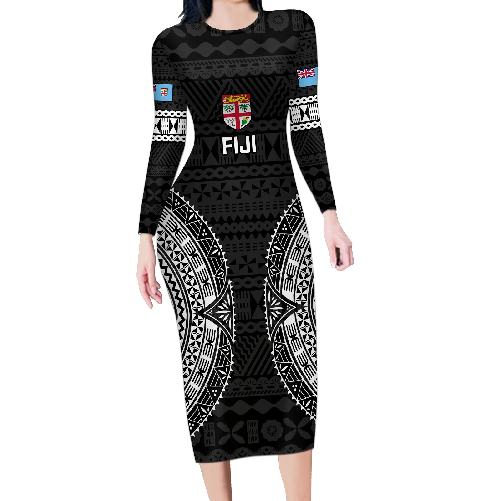 Custom Fiji Rugby Long Sleeve Bodycon Dress 2023 Fijian Tapa Pattern World Cup Black - Wonder Print Shop