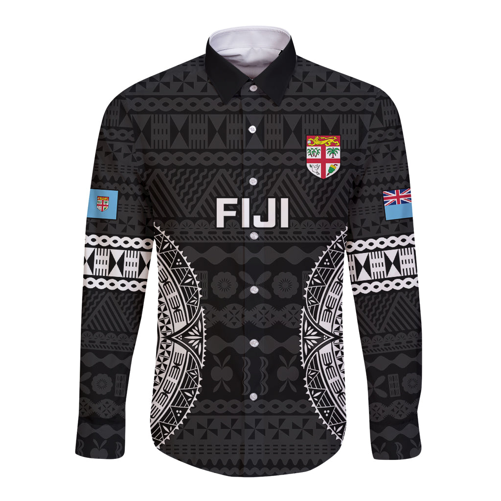 Custom Fiji Rugby Long Sleeve Button Shirt 2023 Fijian Tapa Pattern World Cup Black - Wonder Print Shop