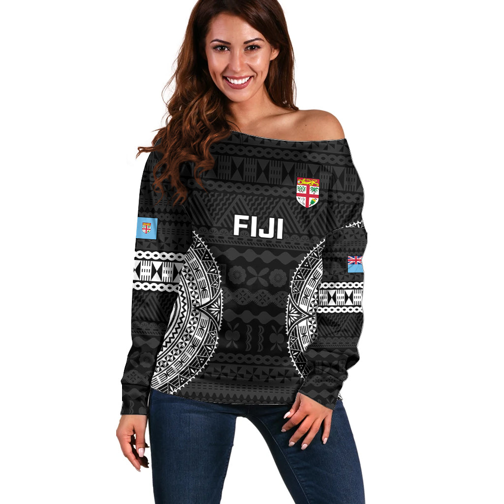 Custom Fiji Rugby Off Shoulder Sweater 2023 Fijian Tapa Pattern World Cup Black - Wonder Print Shop