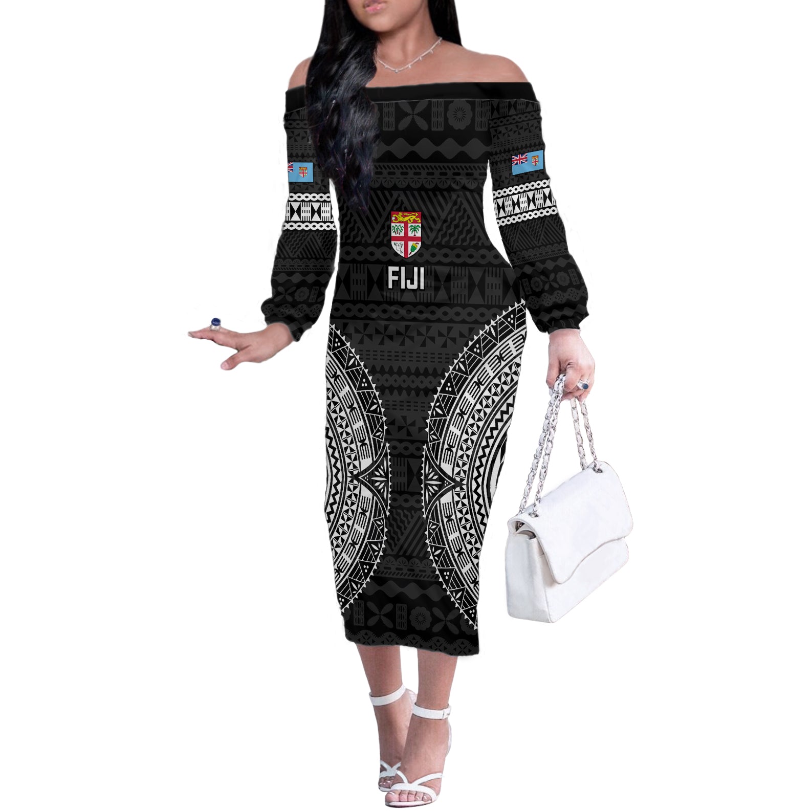 Custom Fiji Rugby Off The Shoulder Long Sleeve Dress 2023 Fijian Tapa Pattern World Cup Black - Wonder Print Shop